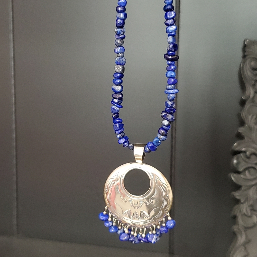 Sterling Silver Lapis Lazuli Gemstone Bead Necklace QT - Picture 6 of 16